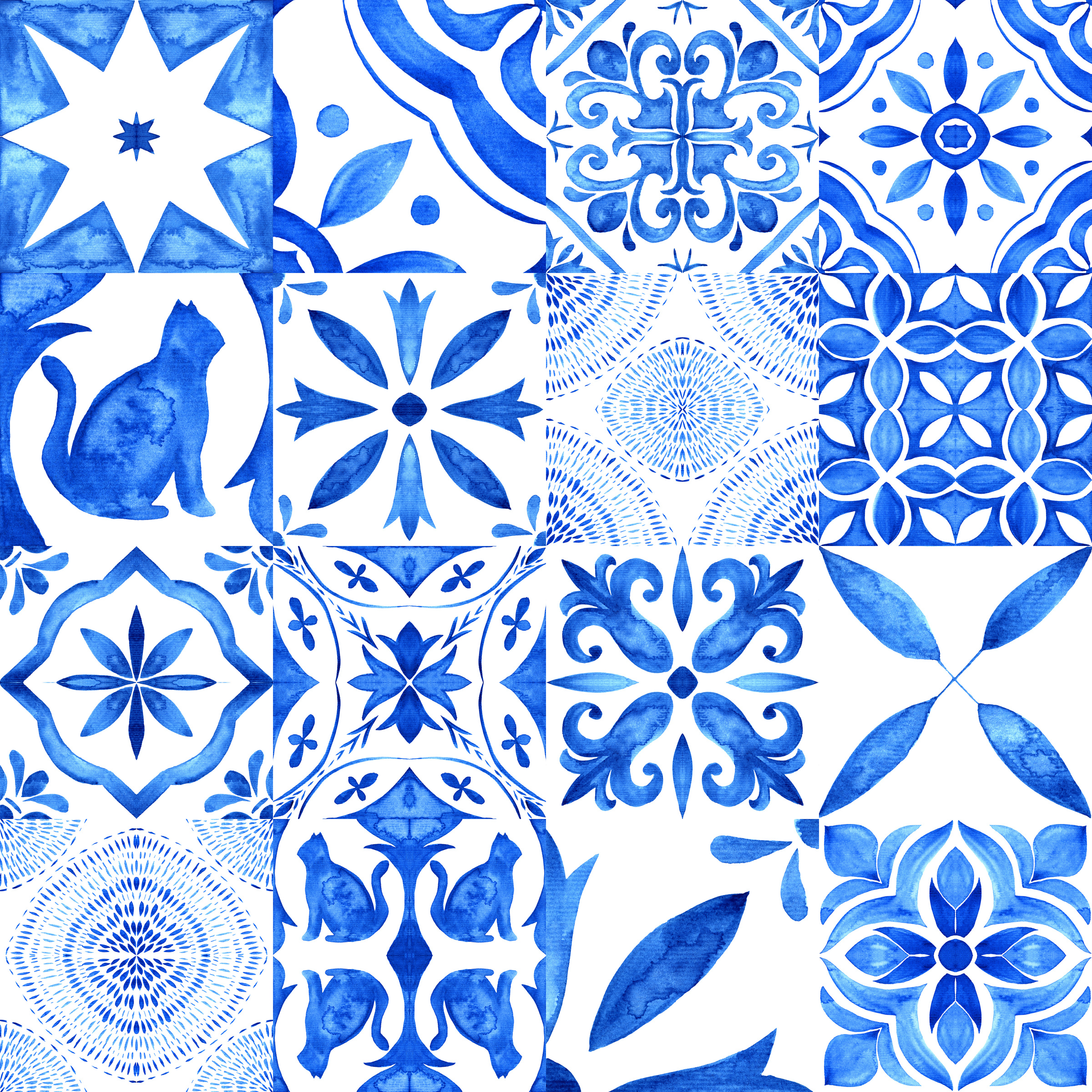 Portuguese ornamental Azulejo ceramic. Blue and white watercolor